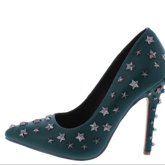 Green Vegan Leather Rockstar Studded High Heel Stiletto Pumps - Picture 4 of 4